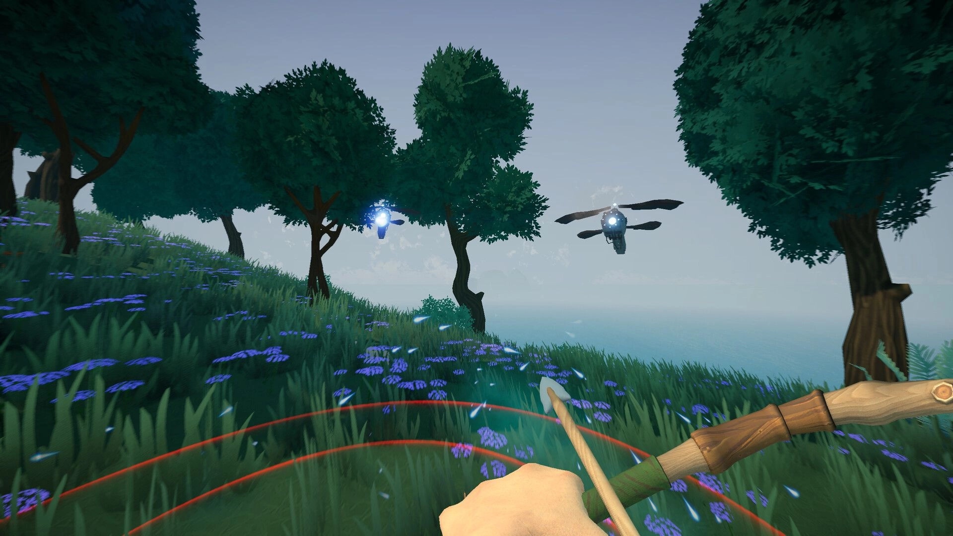 Elysium: First-person view aiming bow at flying drones in a grassy forest area with purple flowers