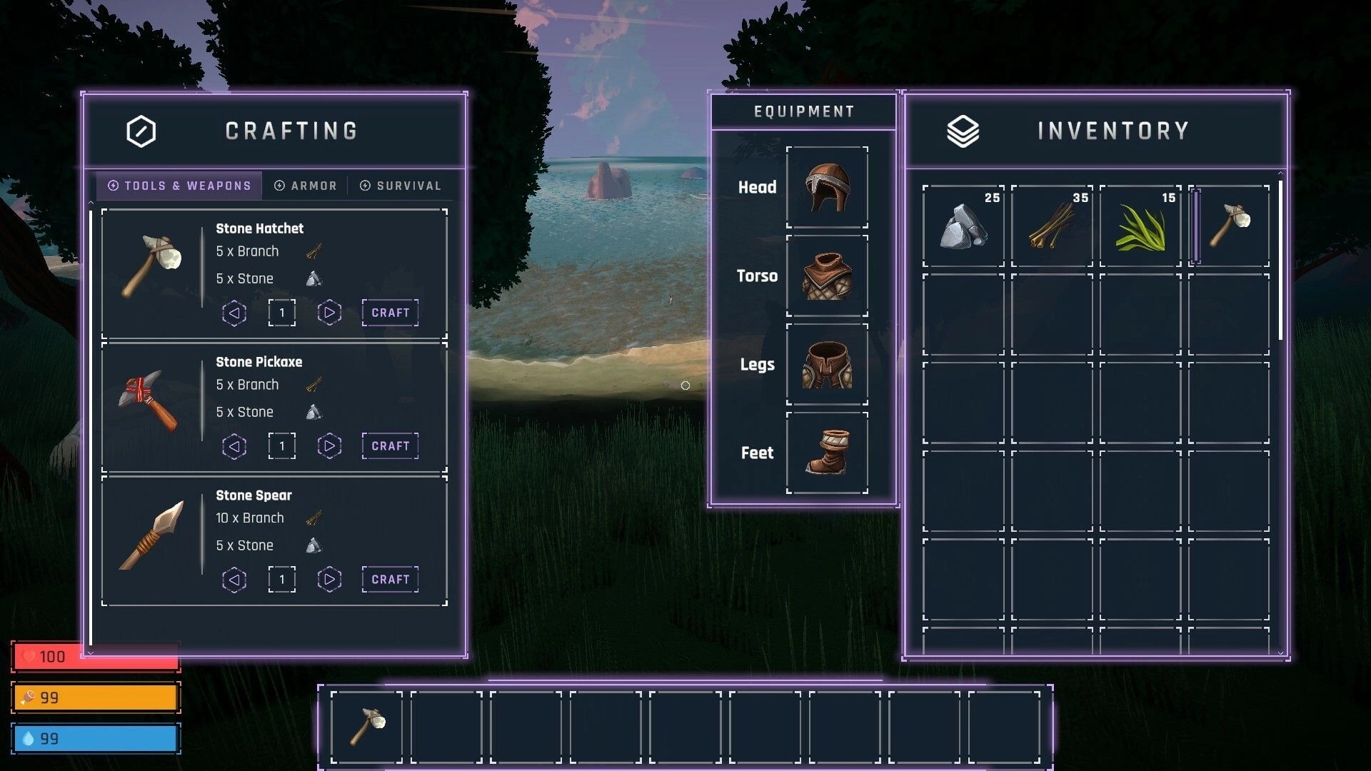 Elysium: Crafting menu with equipment and inventory panels open by the ocean shore at twilight