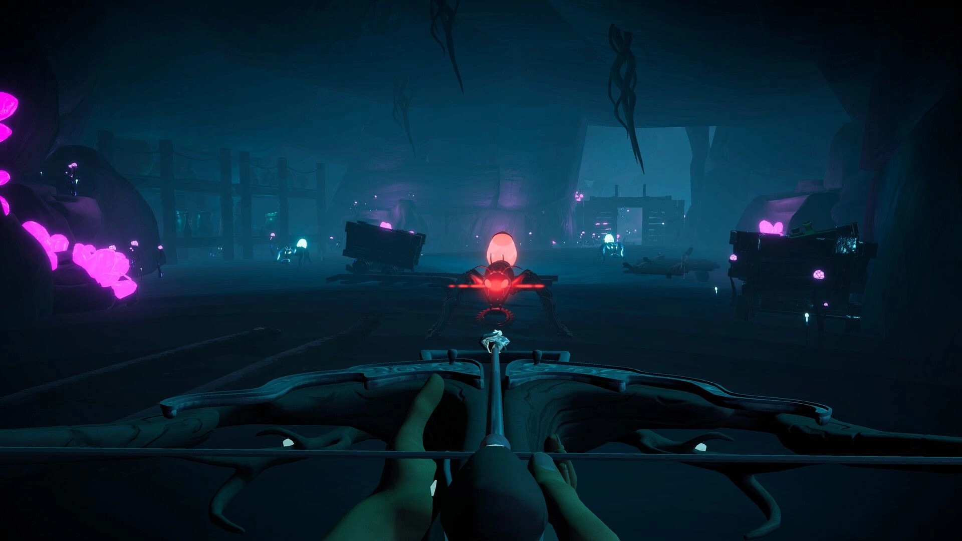 Elysium: Player aiming crossbow at red-eyed machine in glowing cave environment