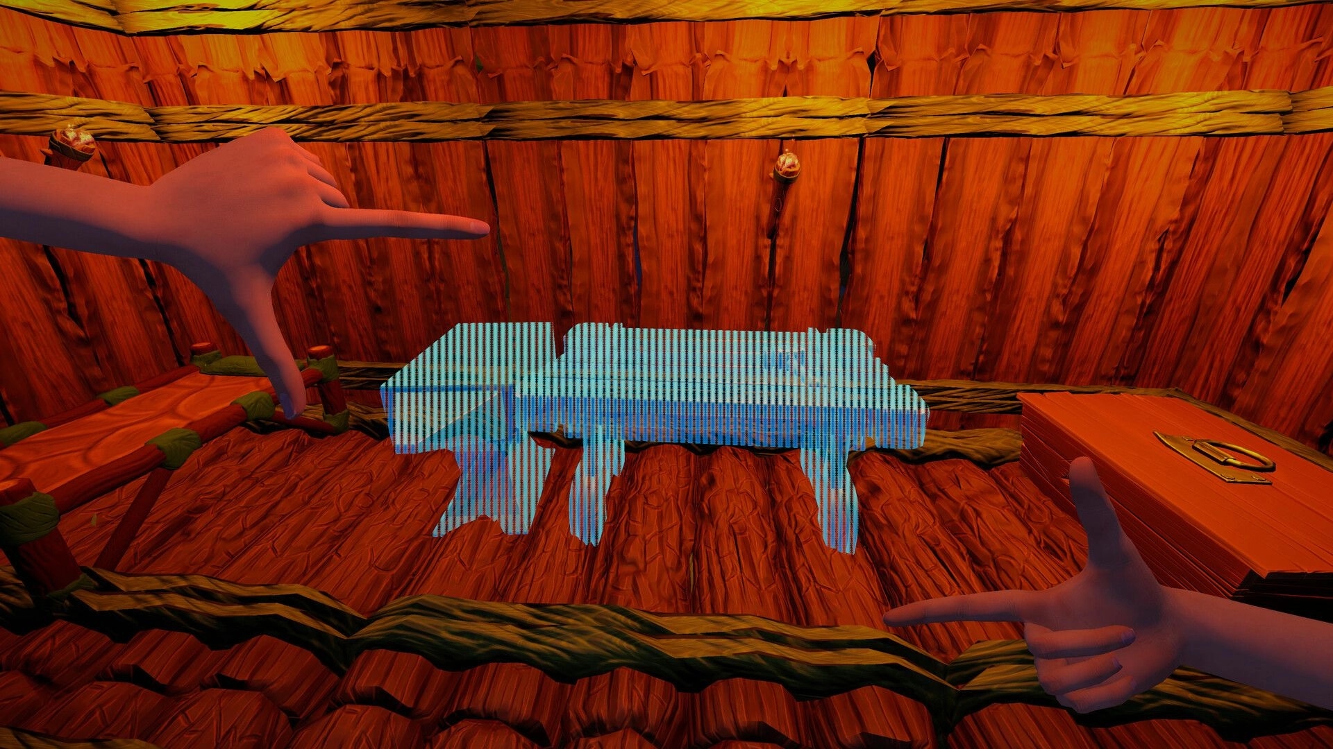 Elysium: Player constructing holographic table inside wooden cabin with hand gestures