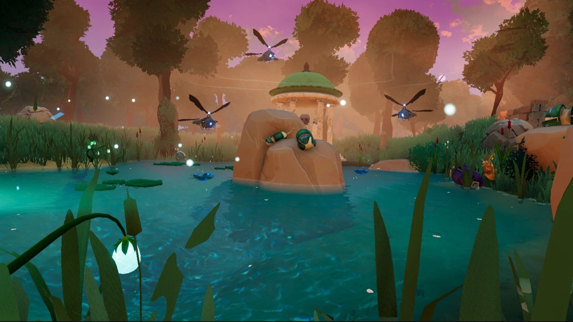 Elysium: Hovering drones patrol over a tranquil pond surrounded by lush trees at sunset.