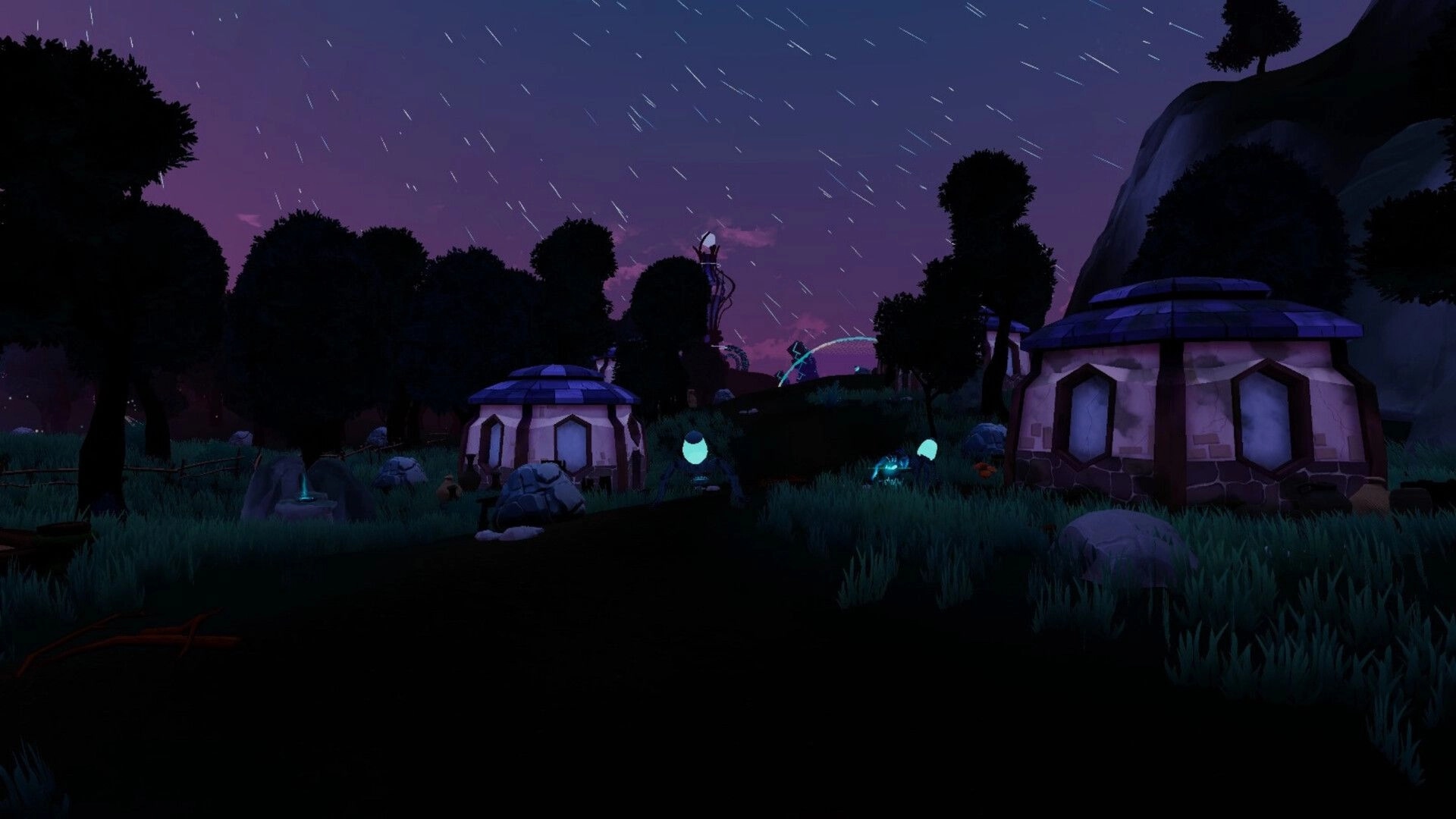 Elysium: Nighttime village scene with glowing lights and futuristic structures in a forest clearing