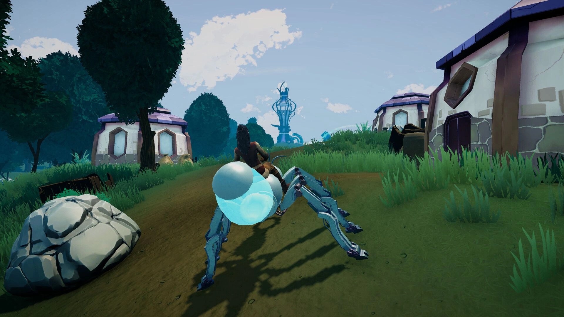 Elysium: Player rides mechanical creature through a grassy village with futuristic buildings in view
