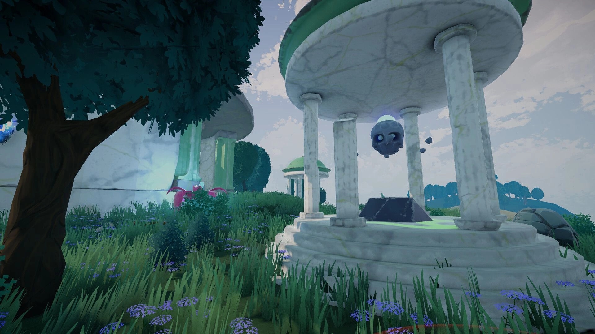 Elysium: Floating stone head near ancient marble pavilion in overgrown, lush landscape
