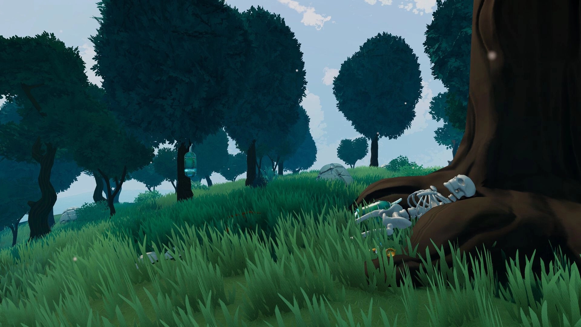 Elysium: Skeleton rests against a tree in lush forest with hanging capsule and distant dome structure