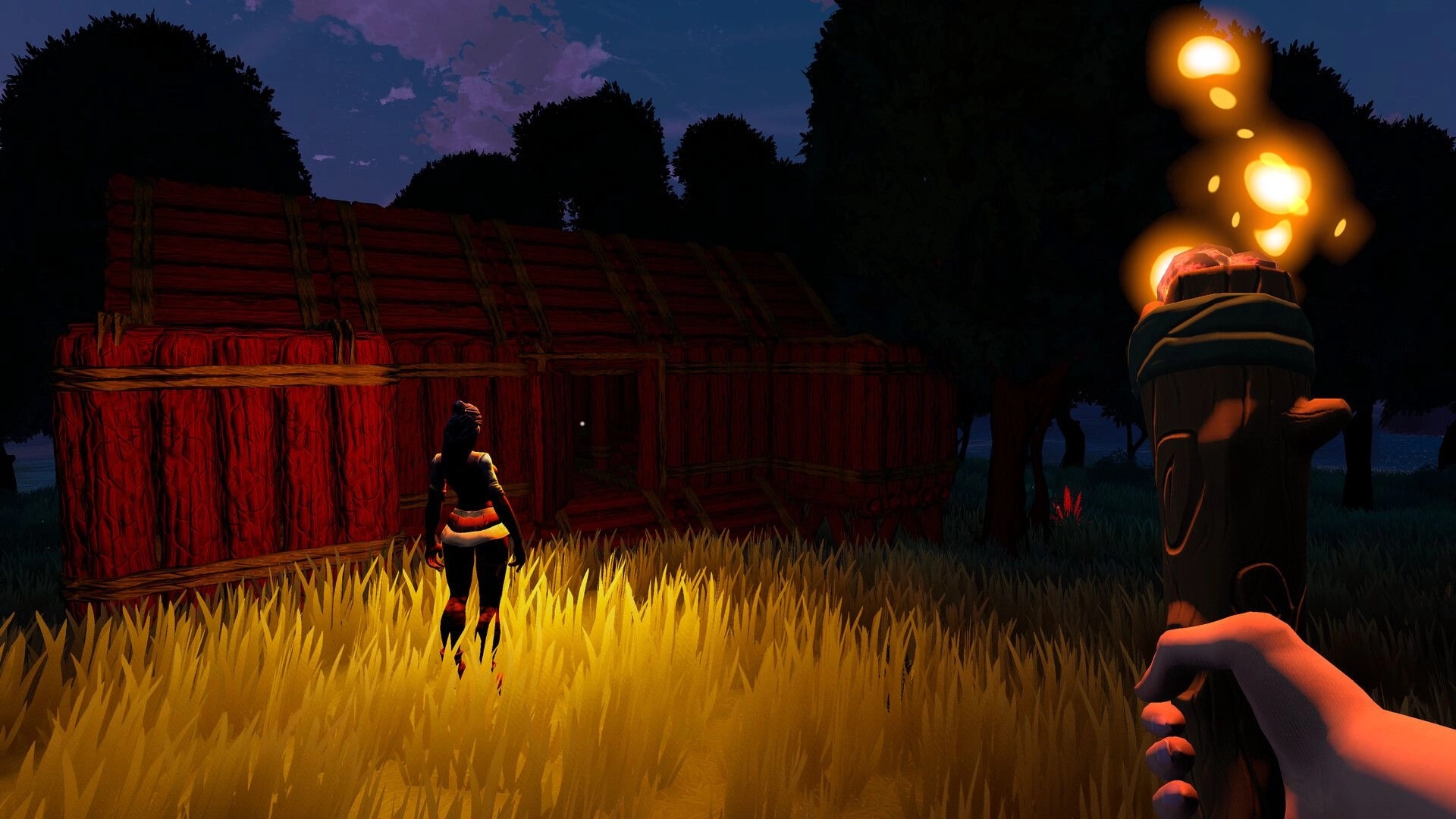 Elysium: Player holding a torch approaches a wooden cabin at night in a grassy, forested area.