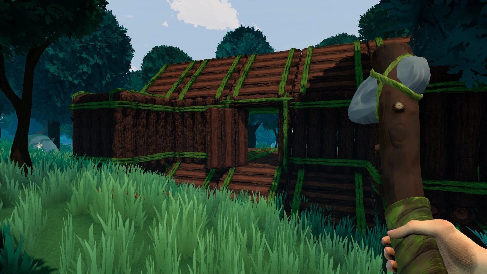 Elysium: Player holding tool near wooden structure in dense forest environment