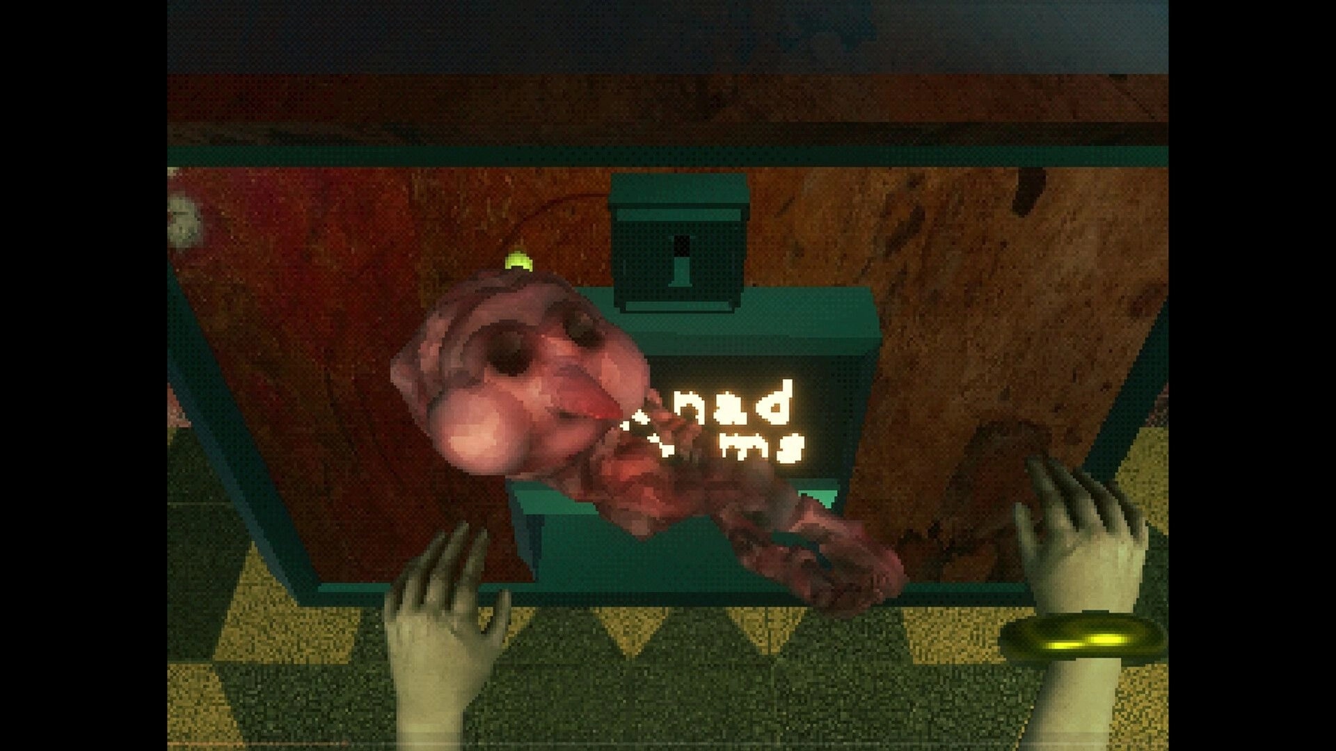 Elzypon: First-person view of hands reaching toward a baby-like creature in a teal crib room.