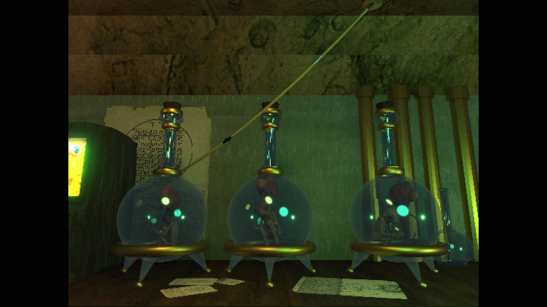 Elzypon: Three glowing glass pods with small creatures inside in a dim lab room with pipes and notes.