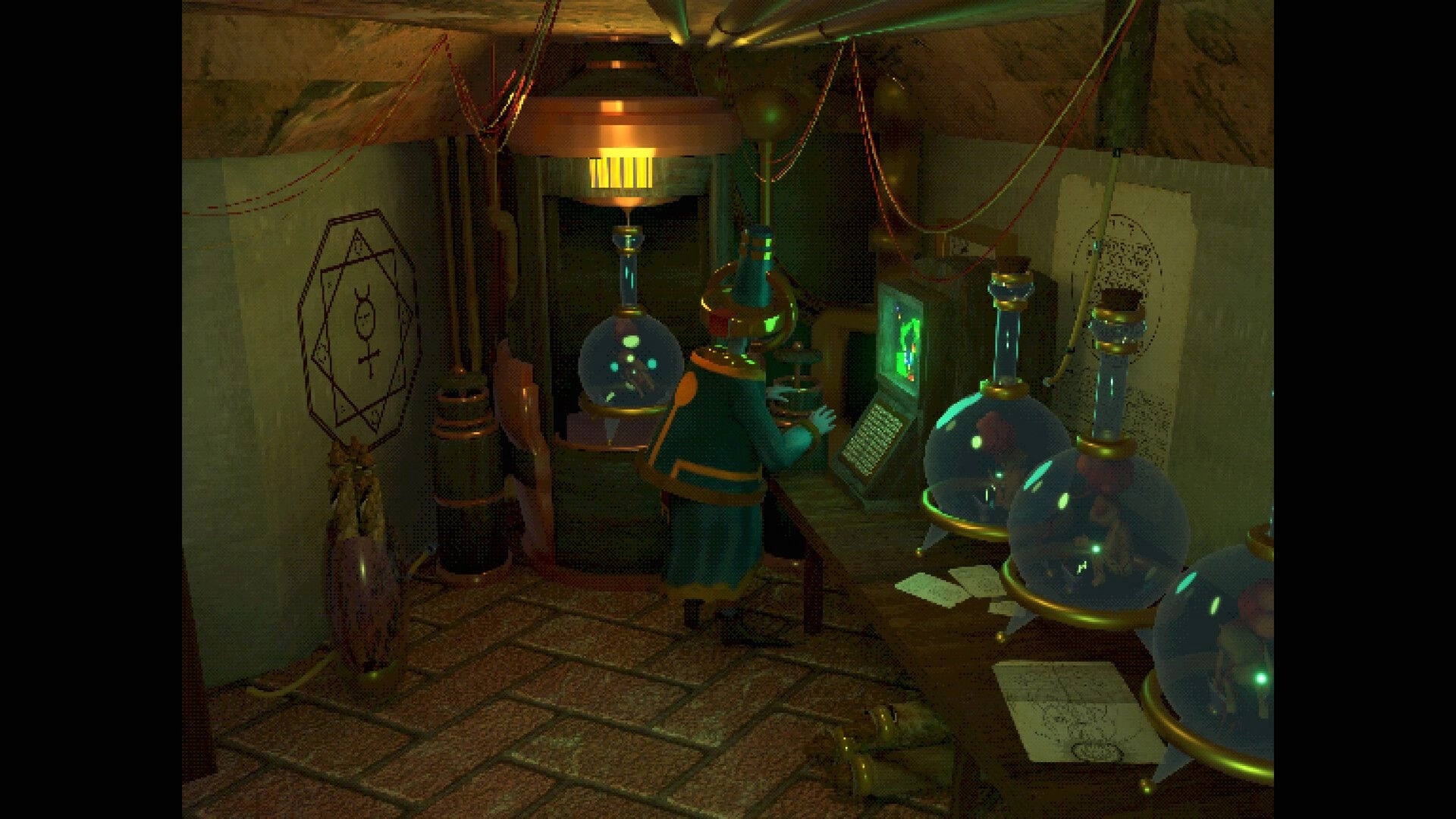 Elzypon: Scientist in robe uses glowing computer console in cramped lab with glass brain vats and wires.