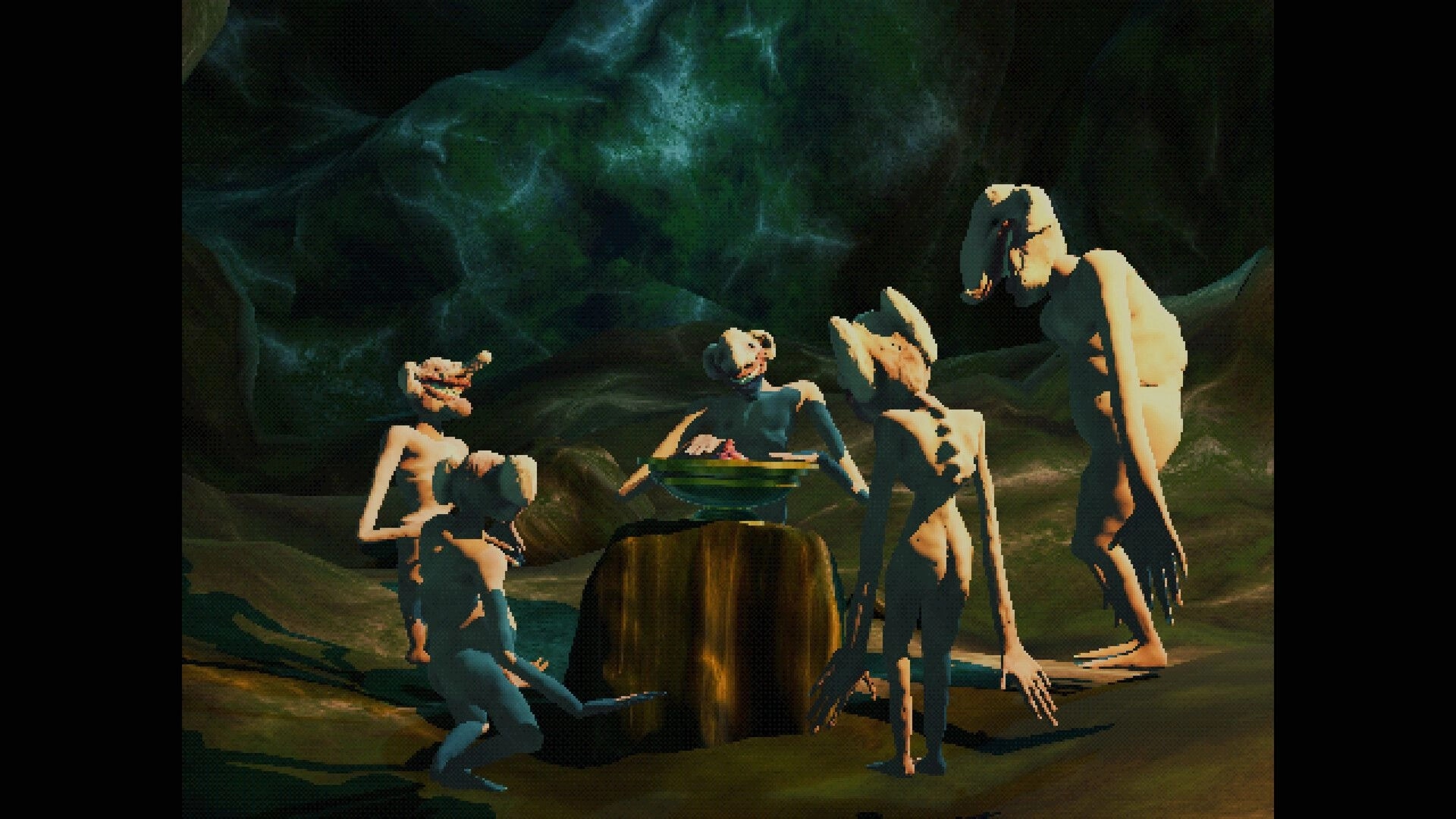 Elzypon: Four pale humanoid creatures gather around a stump and bowl inside a dark cave chamber.
