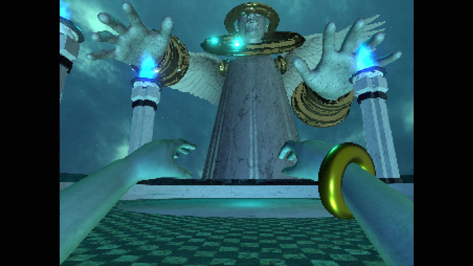 Elzypon: First-person view reaching toward a towering robed figure with glowing hands in cloudy sky.
