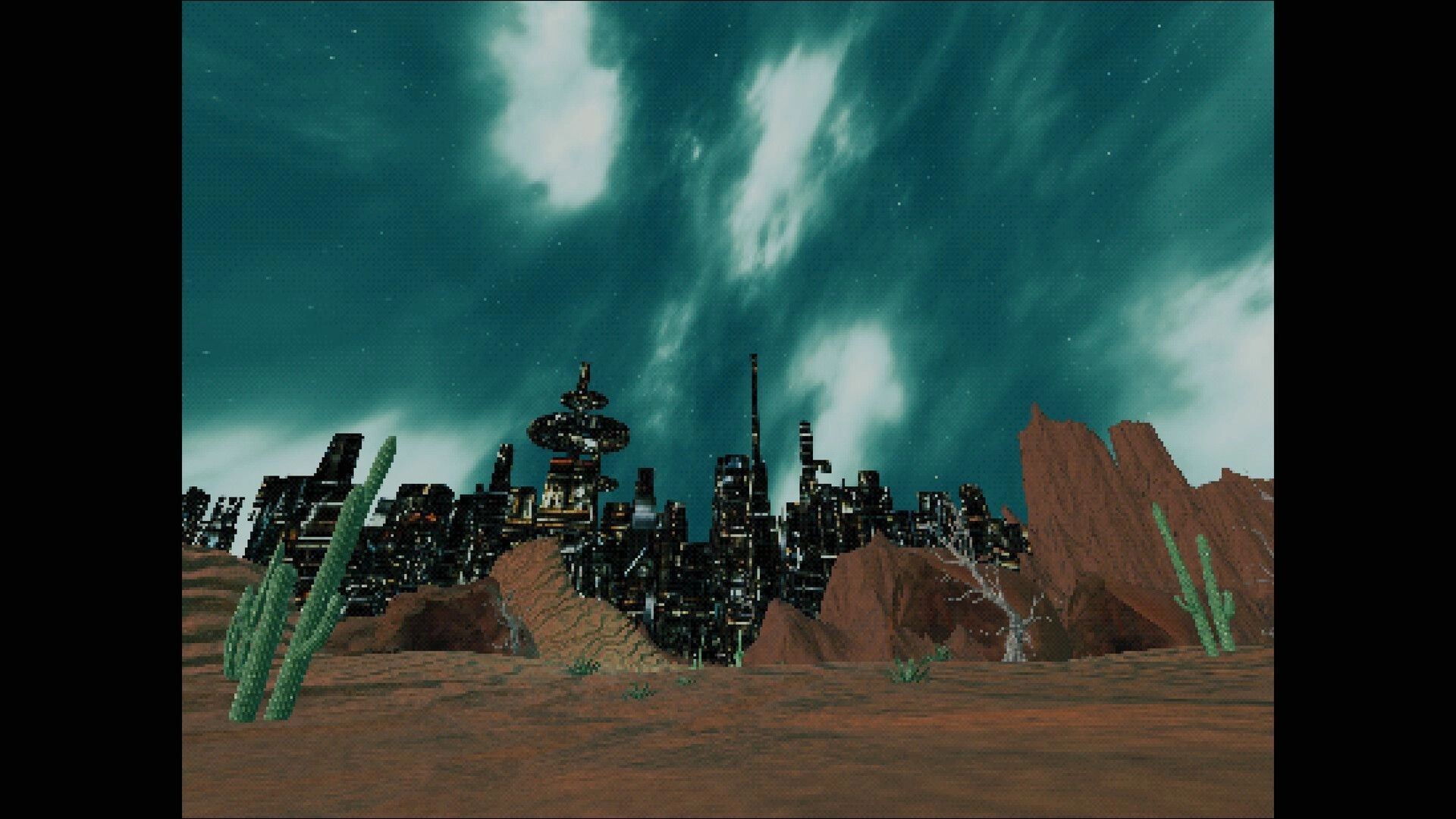 Elzypon: Distant futuristic city skyline beyond desert cacti and rocks under swirling starry sky.