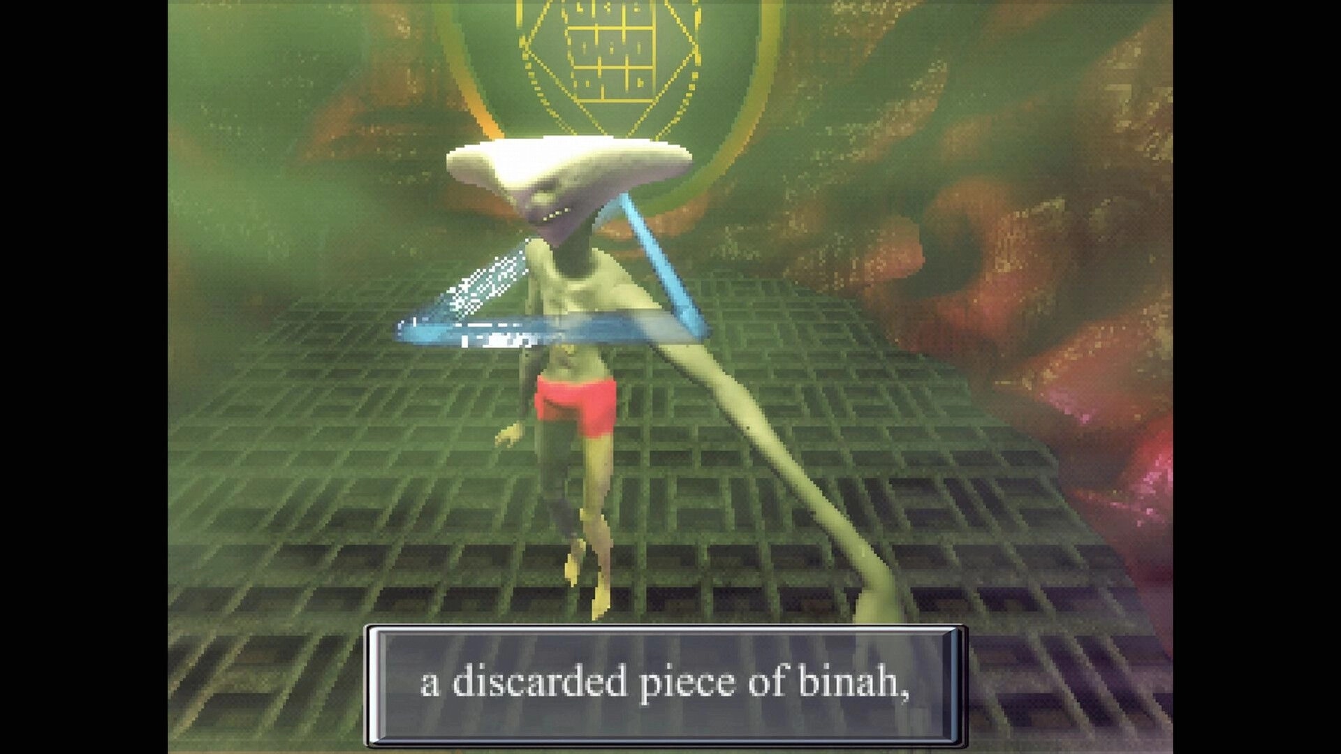 Elzypon: Long-limbed creature in red shorts on a gridded platform, dialogue box reading “a discarded piece of binah,”.