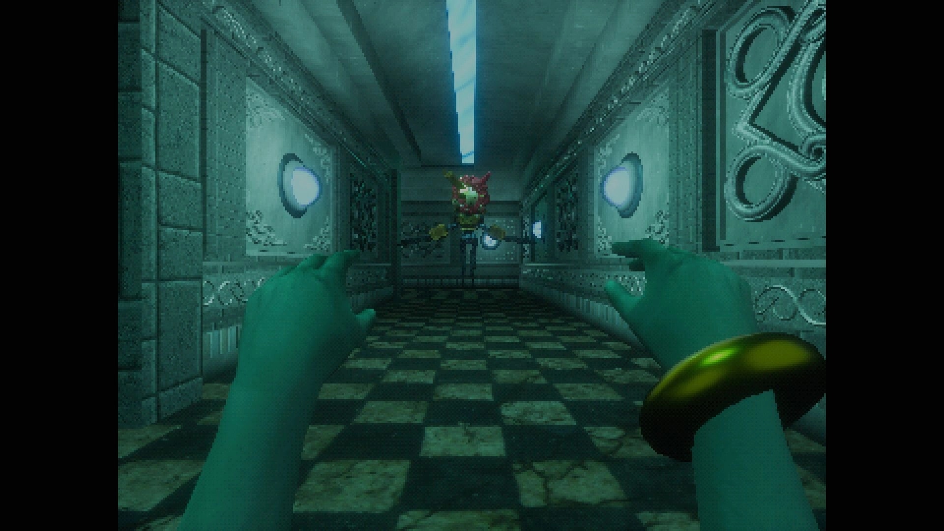 Elzypon: First-person view with blue hands reaching toward a floating foe in a tiled corridor.