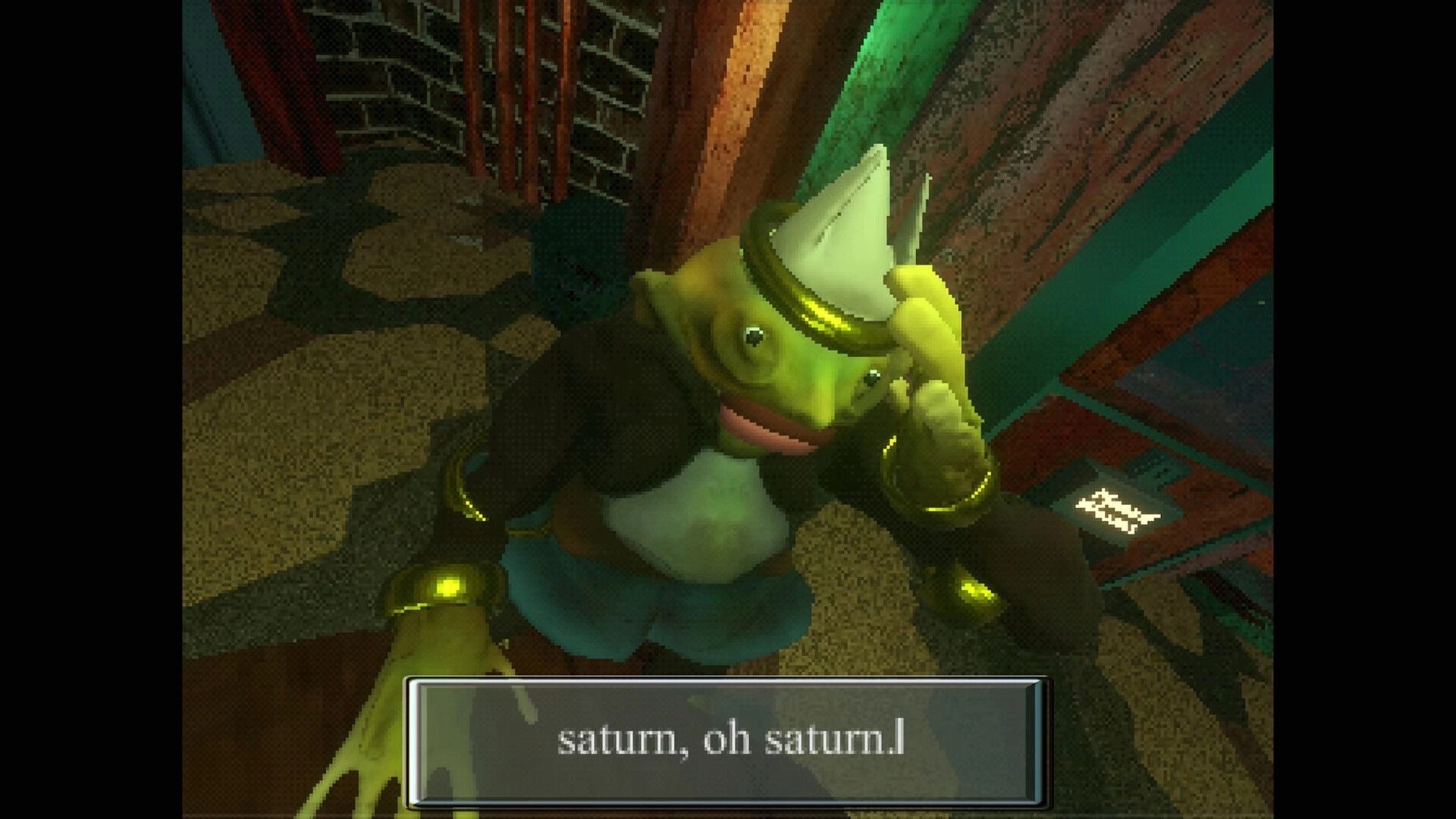 Elzypon: Frog-like character in suit and top hat speaks via dialogue box in a dim corridor scene.