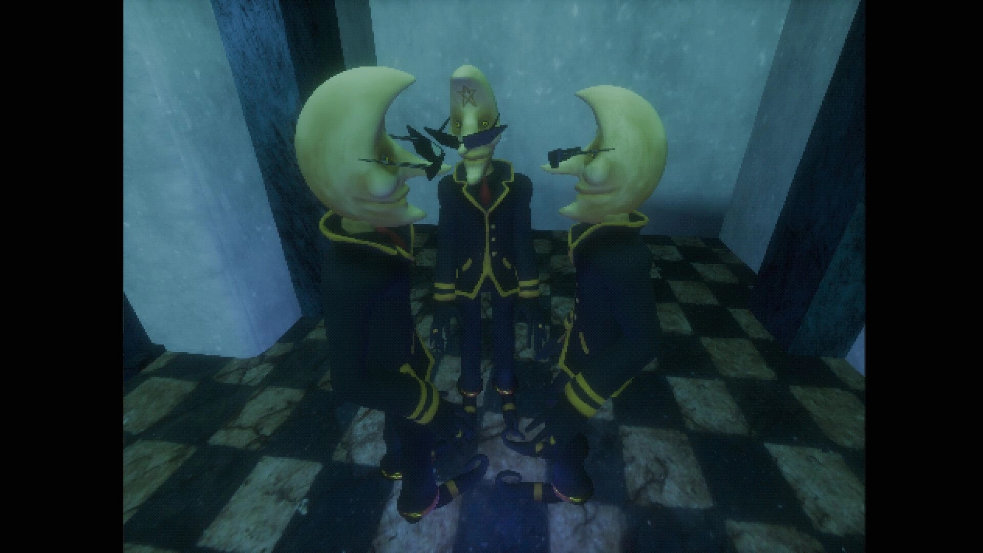Elzypon: Three moon-headed figures in black uniforms stand on a checkered floor in a foggy room.