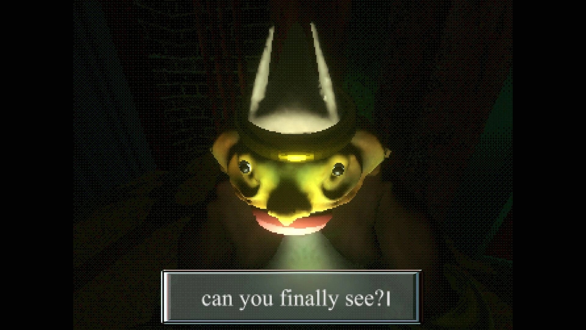 Elzypon: Close-up of a rabbit-like figure in a hat, dialogue box reads "can you finally see?" dark room.