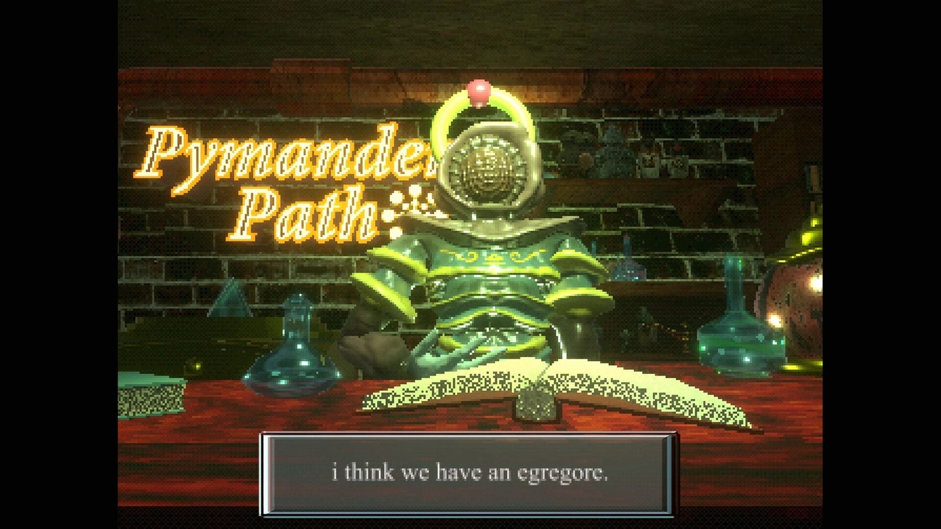 Elzypon: “Pymander Path” dialogue with armored figure at desk in alchemy room with flasks and book.