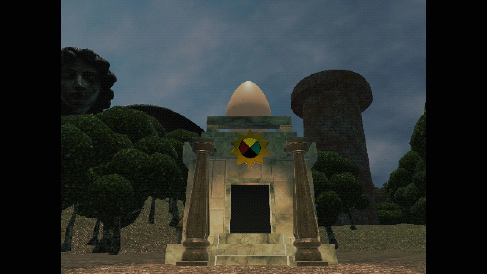Elzypon: Stone shrine entrance with sun emblem and egg-like dome amid trees and ruins under clouds.