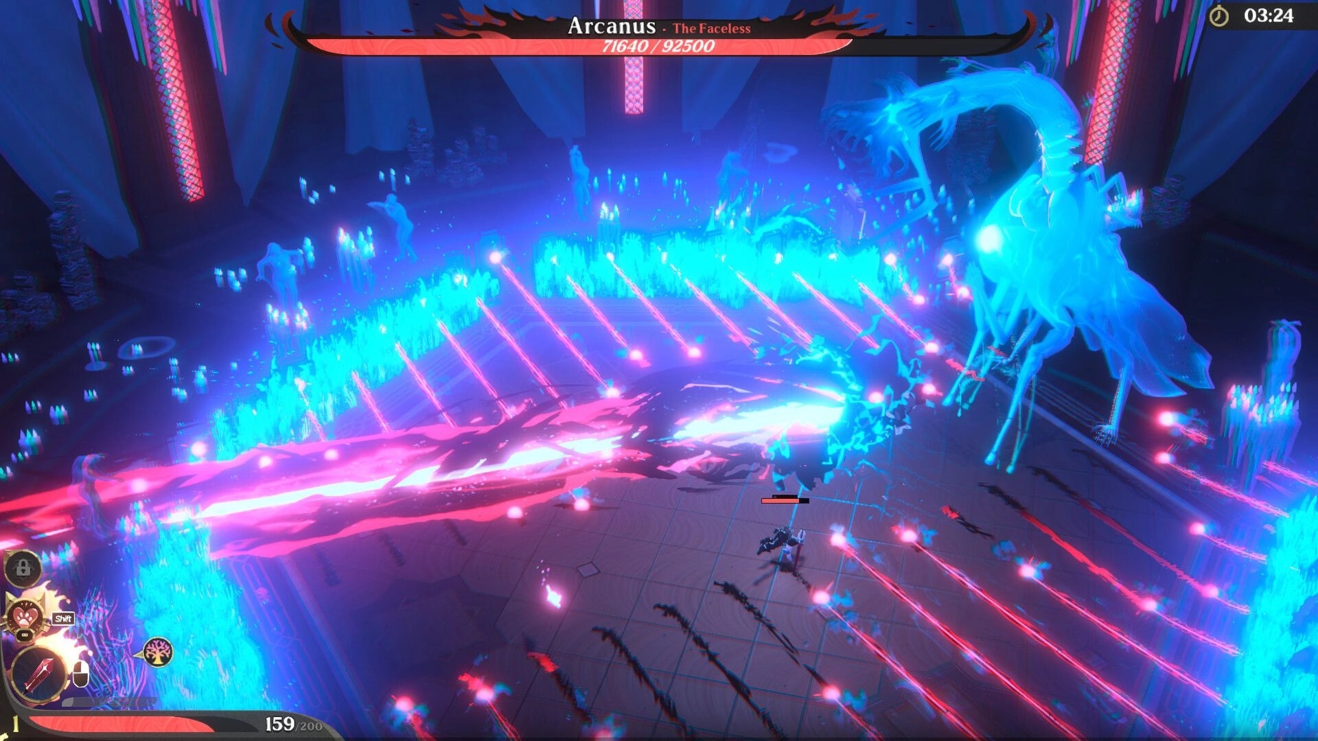 Ember and Blade: Fenrix Haven battles spectral Arcanus in a glowing arena with vibrant energy beams.