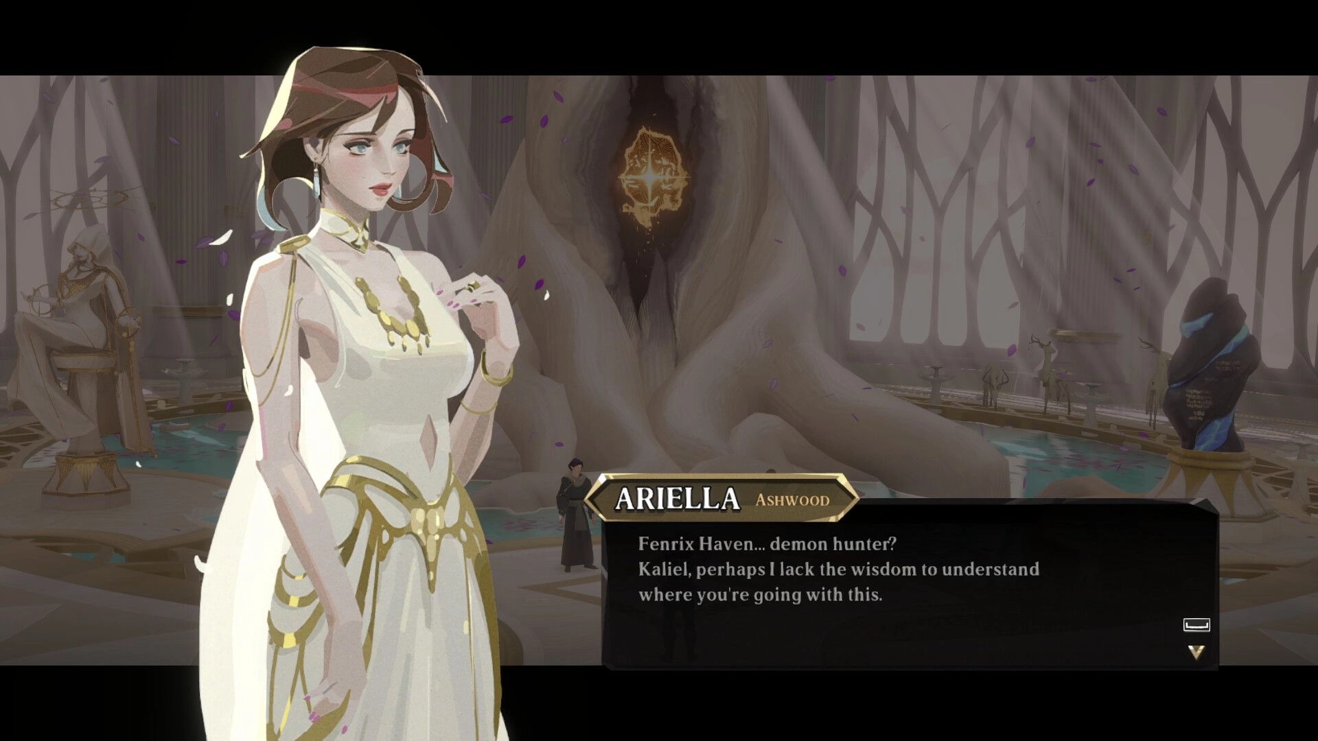 Ember and Blade: Ariella conversing with Fenrix in a mystical chamber with glowing symbols