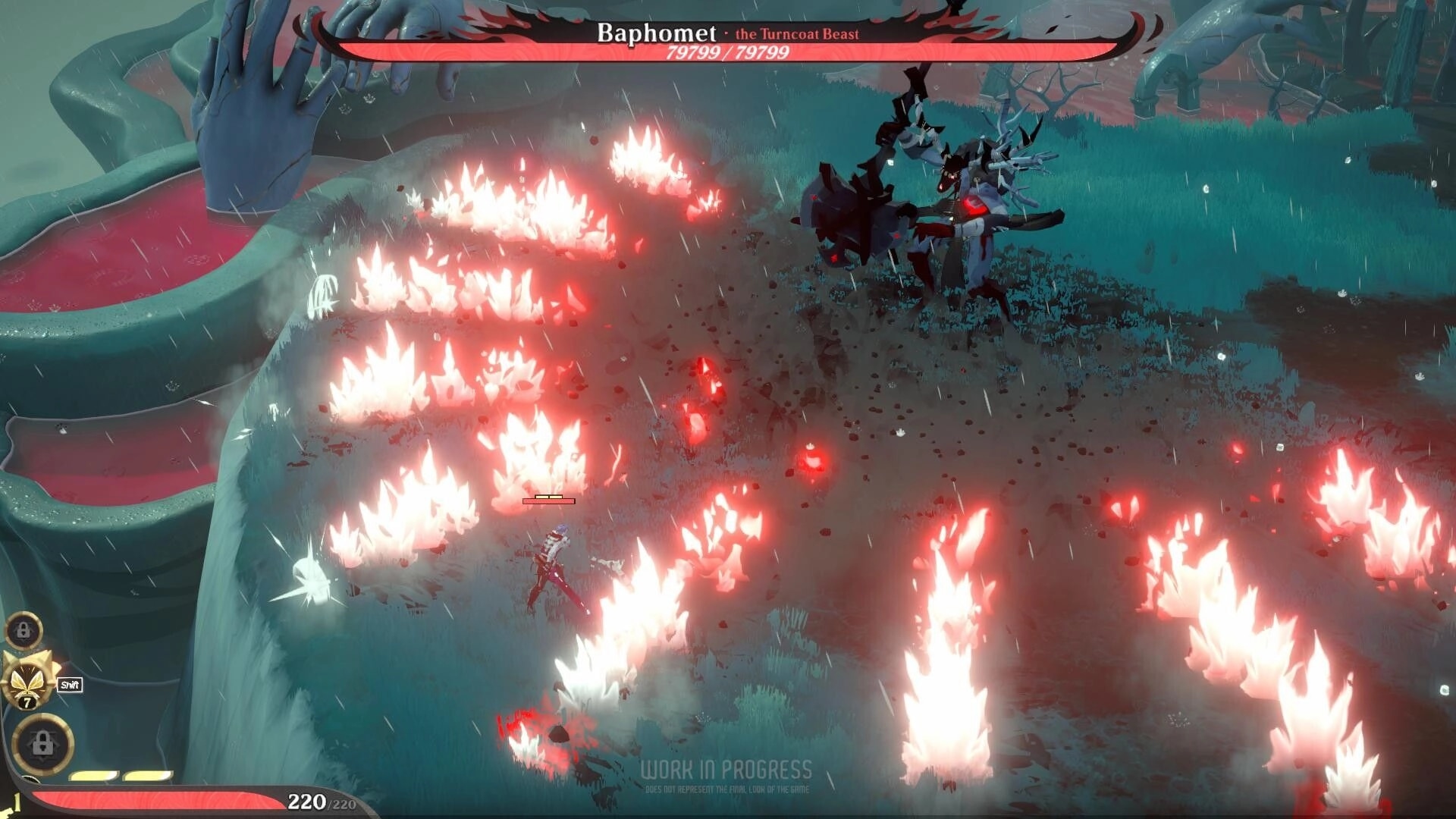 Ember and Blade: Fenrix Haven battling Baphomet amid fiery explosions in a mystic forest arena.