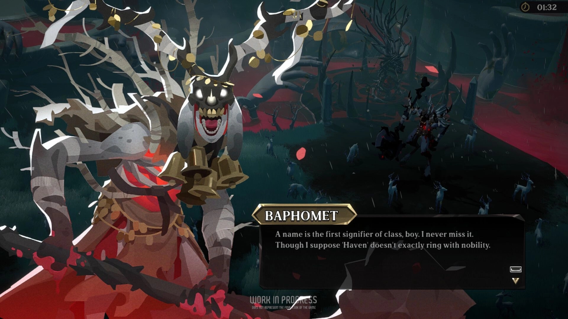 Ember and Blade: Baphomet confronts Fenrix in eerie forest with red sky and grazing deer nearby