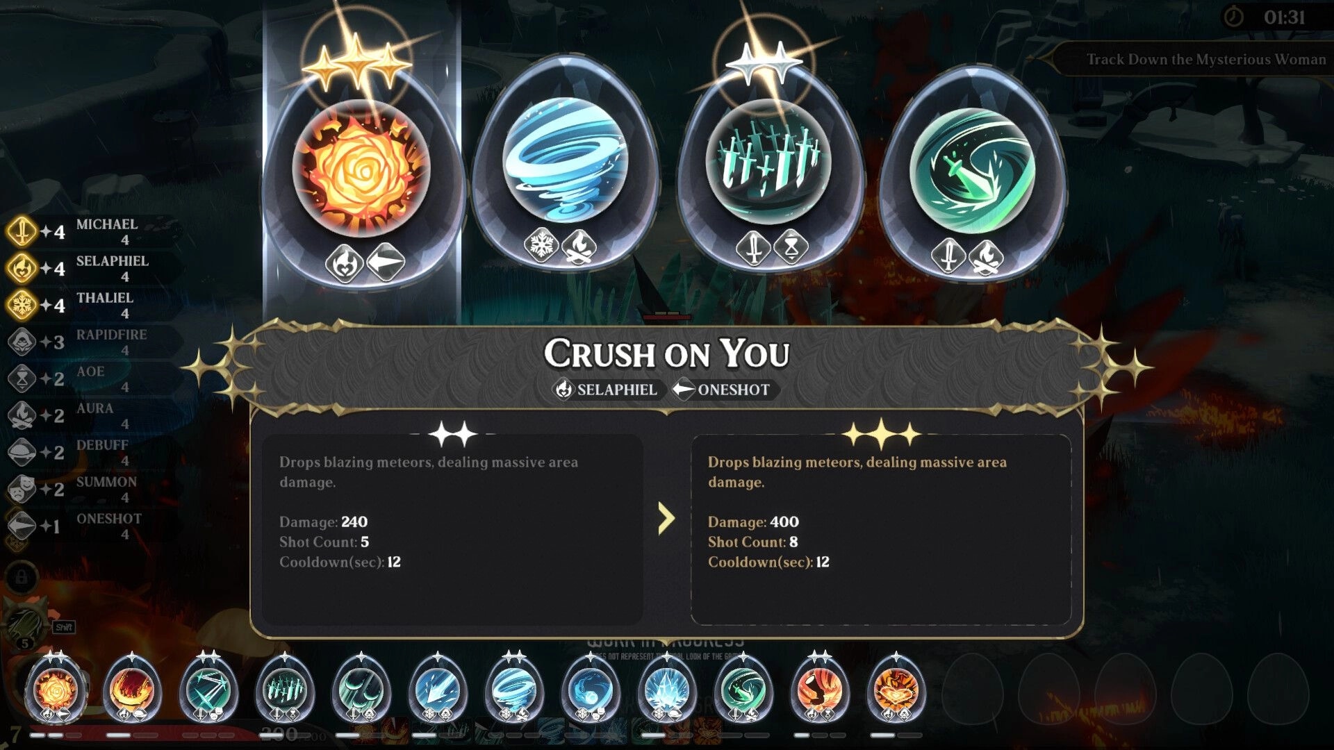 Ember and Blade: Skill selection menu with detailed stats for Selaphiel's "Crush on You" ability