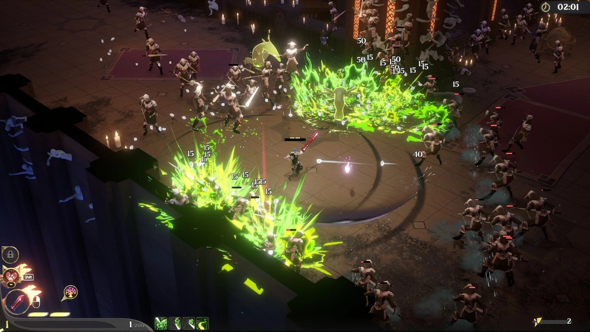 Ember and Blade: Fenrix Haven battling hordes of enemies in dungeon with vibrant green energy effects