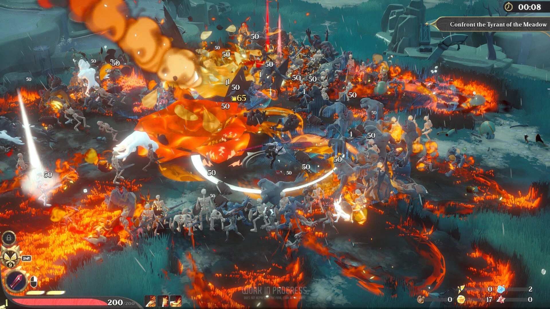 Ember and Blade: Fenrix battling hordes of skeletons in a fiery, chaotic battlefield environment