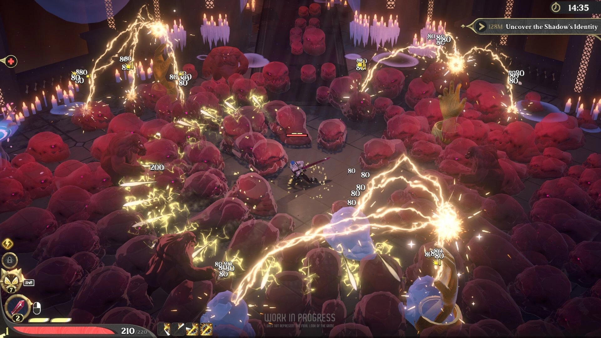 Ember and Blade: Fenrix battling hordes of demons in a candle-lit dungeon with electrifying attacks