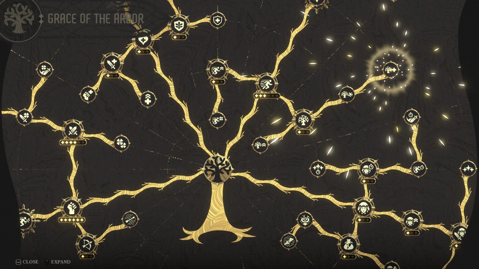 Ember and Blade: Skill tree interface with branching abilities and icons in a glowing, mystical design