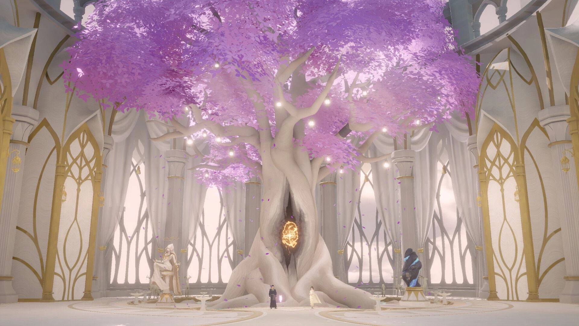 Ember and Blade: Fenrix Haven stands by a mystical tree with glowing core in a grand, ethereal hall.