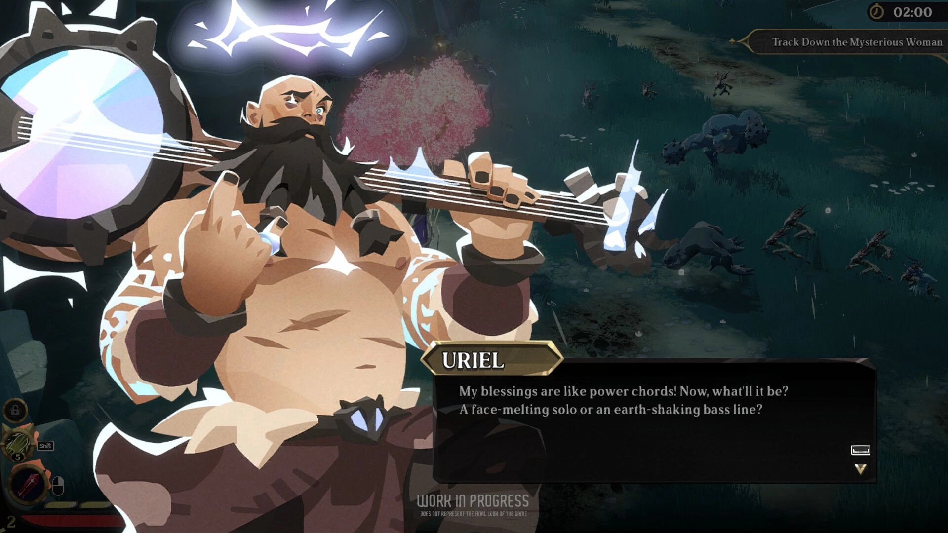 Ember and Blade: Uriel playing guitar in forest with enemies, dialogue box displayed at the bottom
