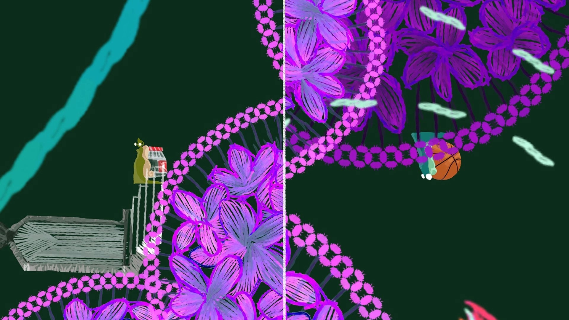 Embroideryvania: Split screen with character by vendor stand and purple floral path in dark forest setting