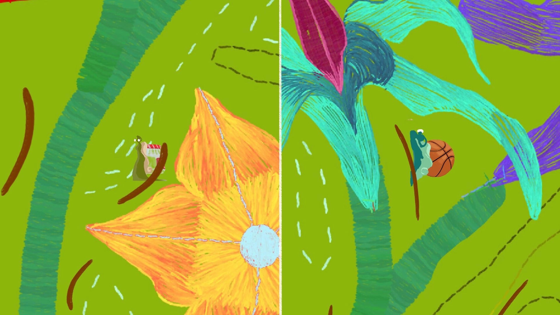 Embroideryvania: Snail and frog explore split screen vibrant floral landscape without a map