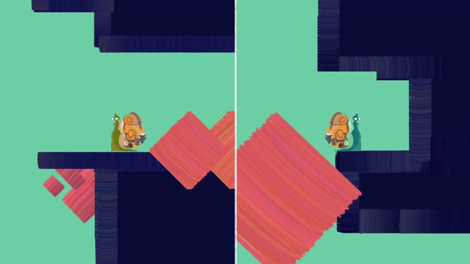 Embroideryvania: Split screen with snails exploring abstract platforms in a vibrant, stitched landscape.