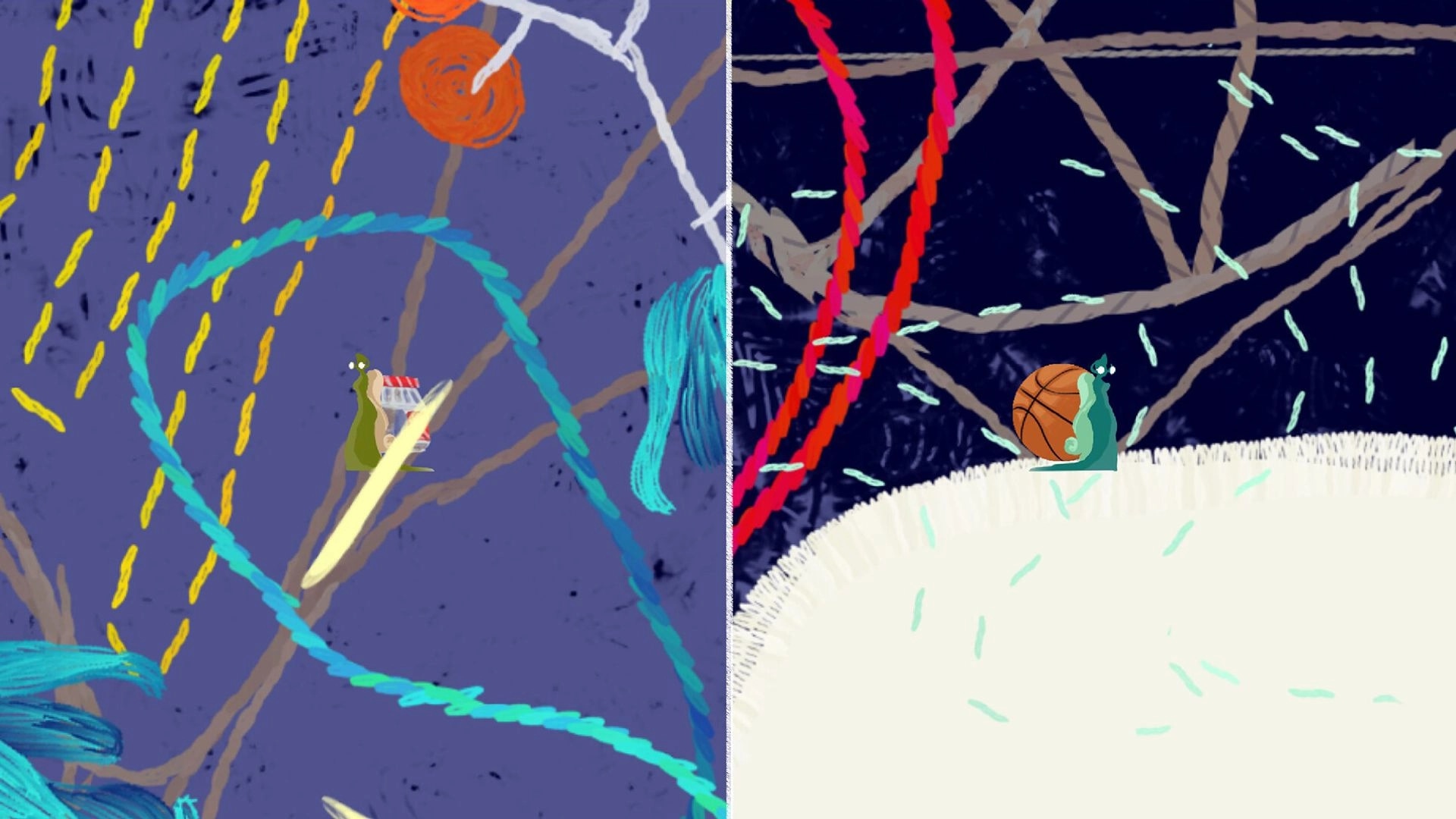 Embroideryvania: Split screen gameplay with snails navigating colorful thread maze environments