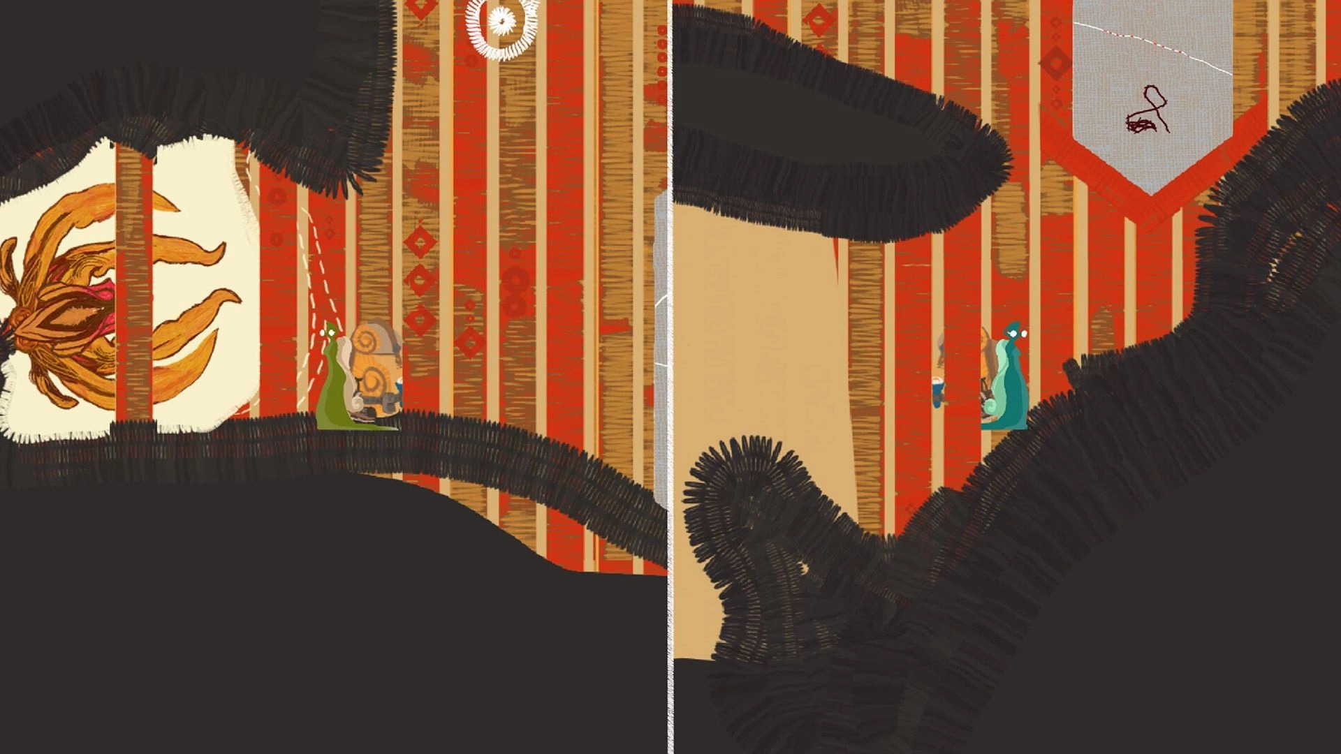 Embroideryvania: Split-screen exploration with snail characters navigating a tapestry-themed cave