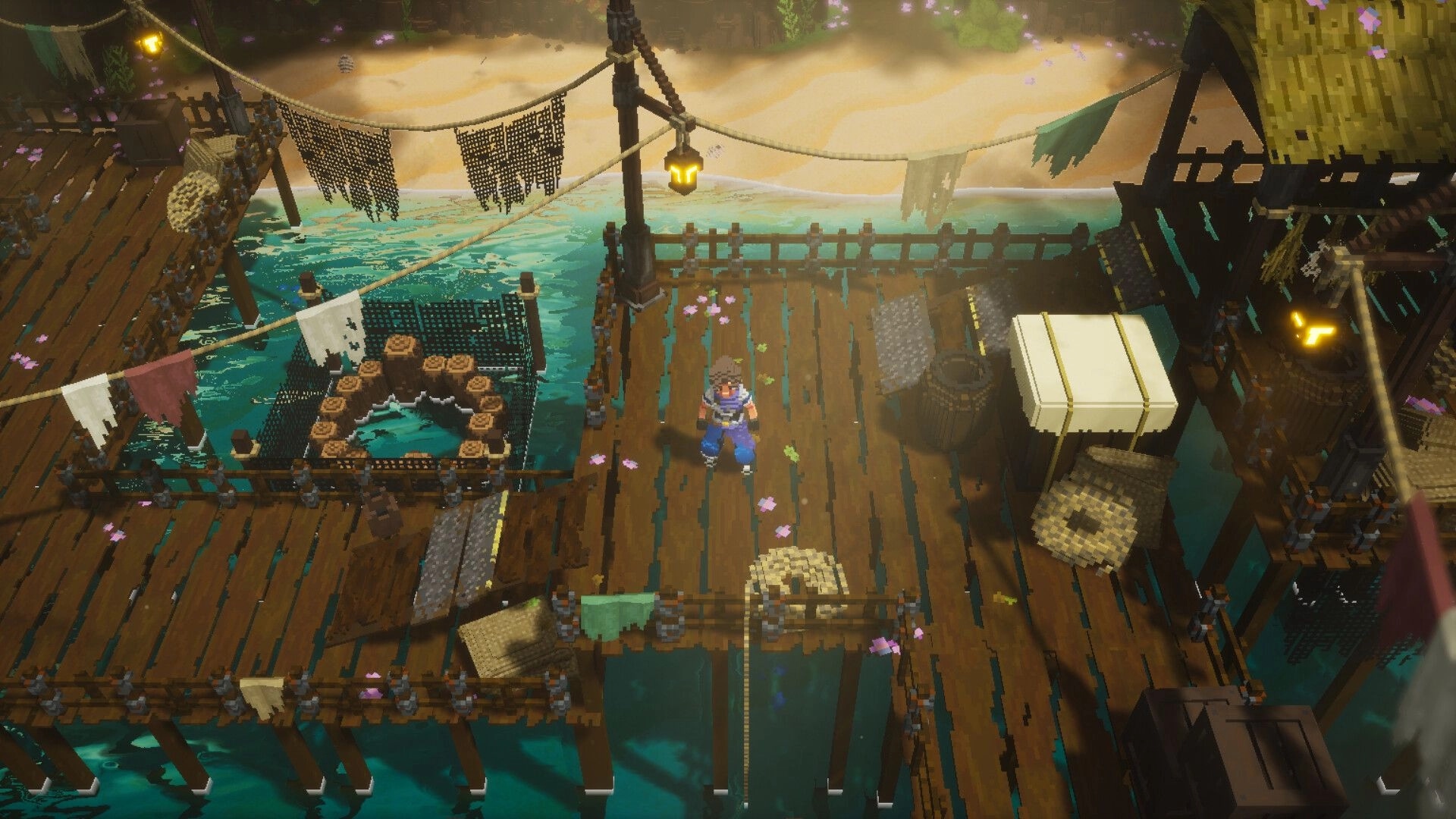 Emery Hearts: Character stands on a wooden dock with barrels and crates, overlooking a tropical beach setting.