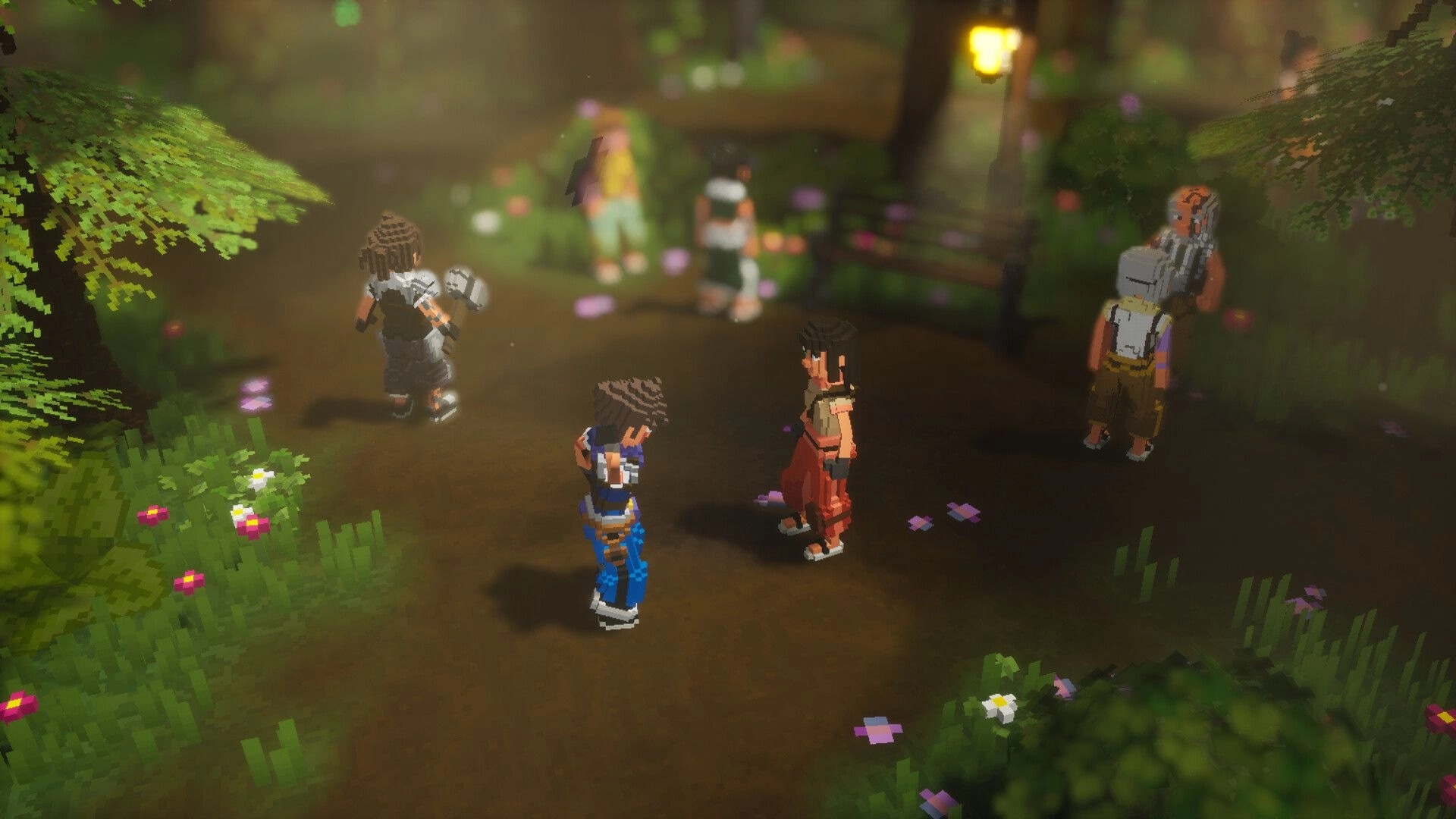 Emery Hearts: Group of voxel characters gathered in a forest clearing with glowing lanterns and flowers