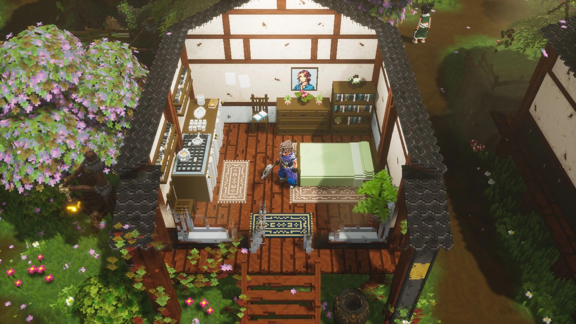 Emery Hearts: Character exploring cozy bedroom inside a detailed voxel-art house surrounded by nature