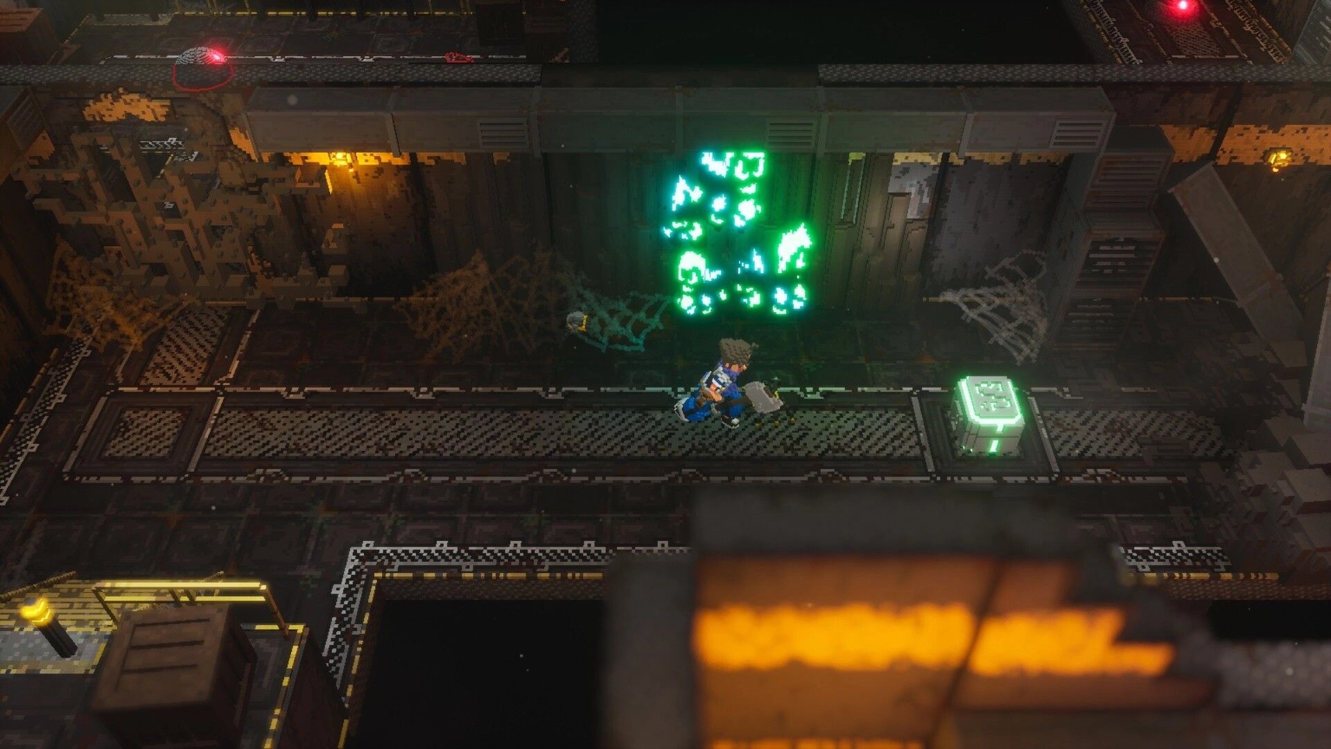 Emery Hearts: Character exploring dimly lit industrial corridor with glowing green symbols on wall
