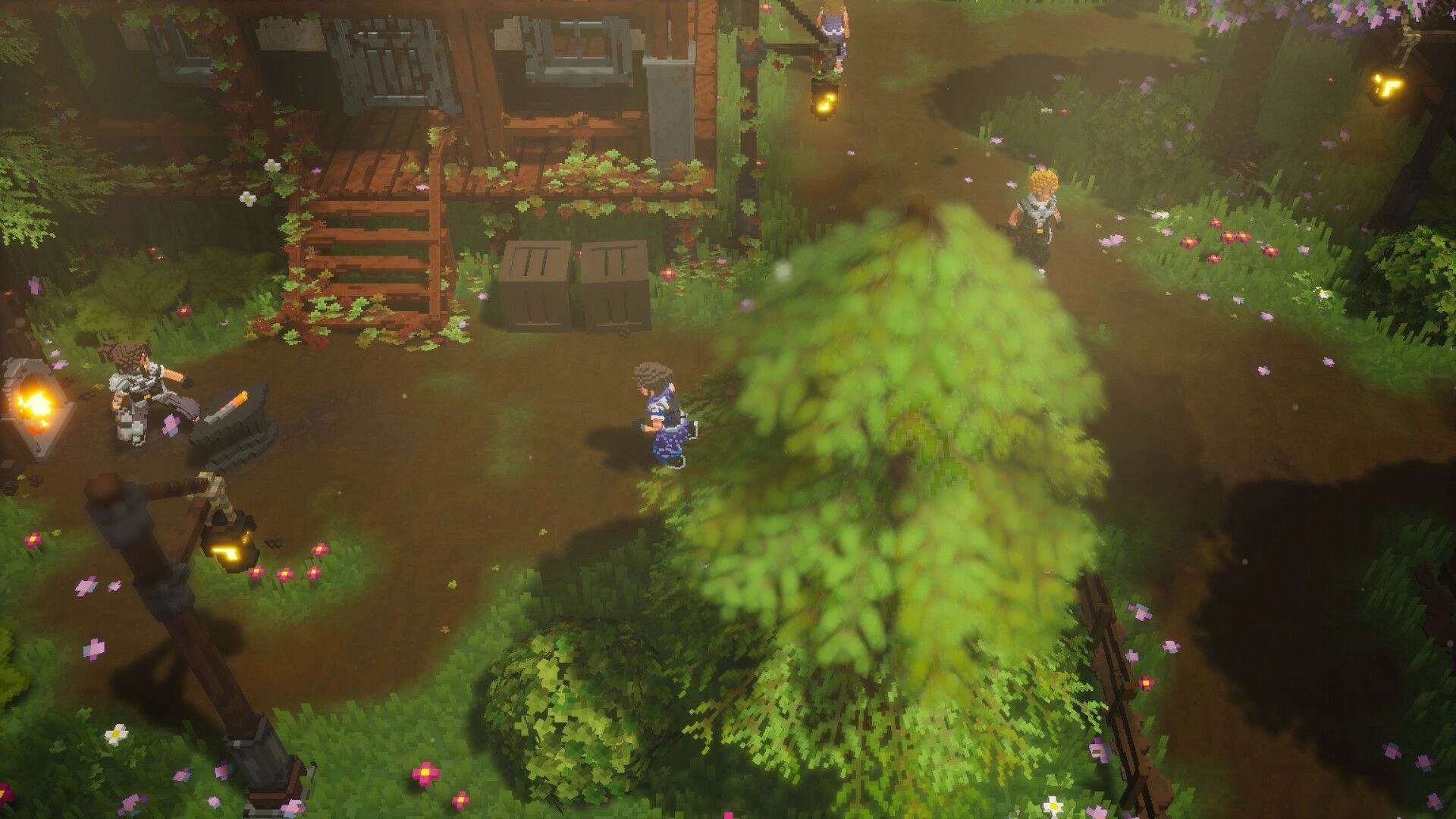 Emery Hearts: Player explores a lush village with blacksmith, crates, and characters in voxel-art style.