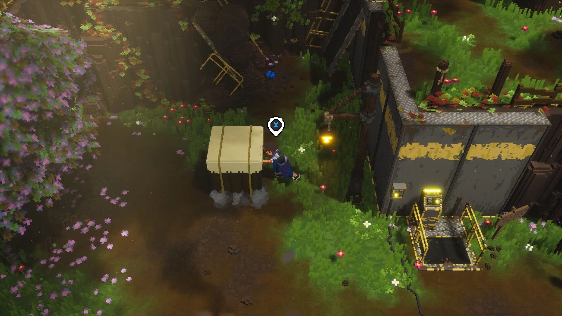 Emery Hearts: Player interacts with crate in lush, overgrown industrial area with glowing lights.