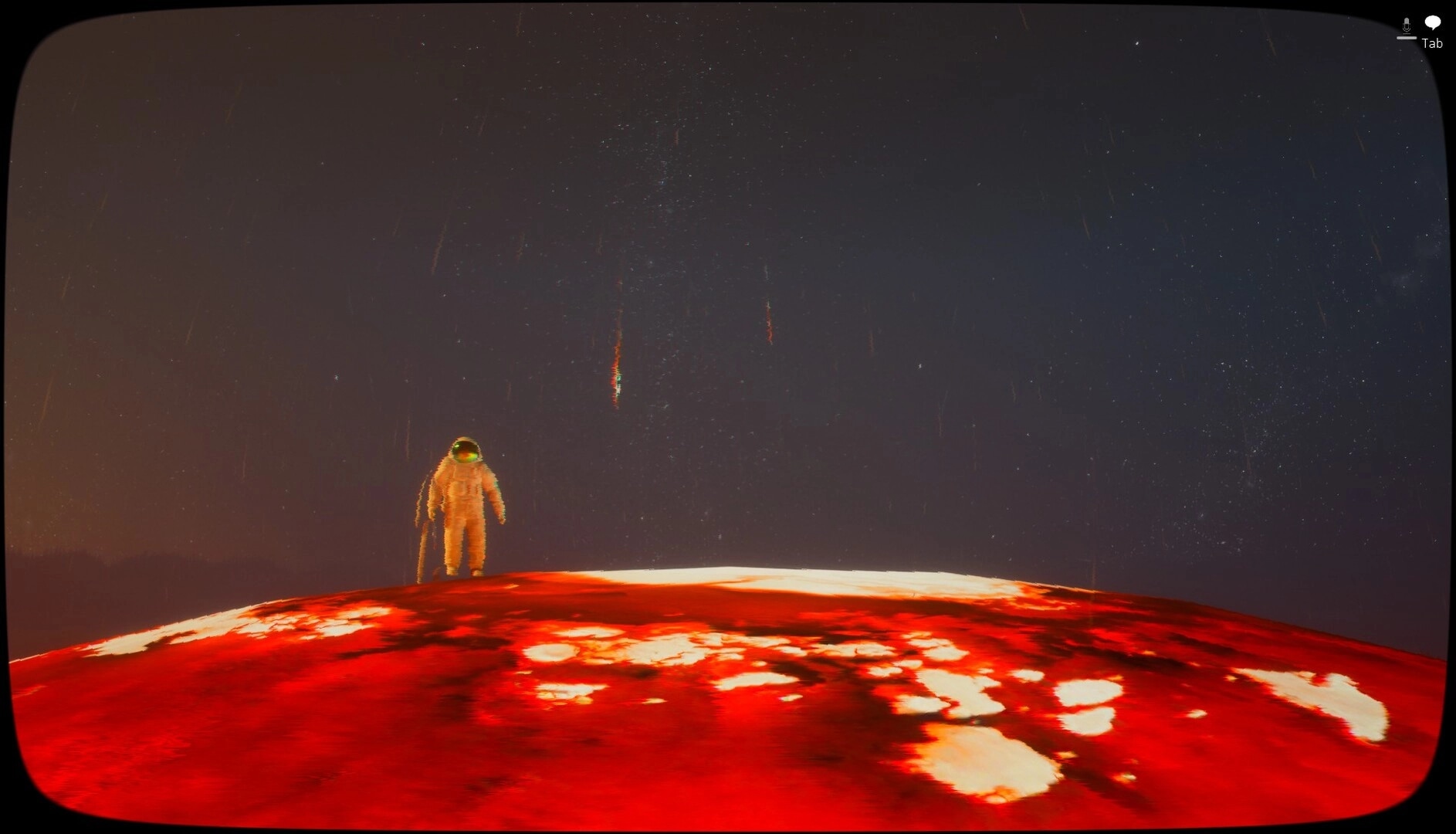 Emissary One: Lone astronaut stands on a glowing red planet surface under a starry sky HUD icons top right.