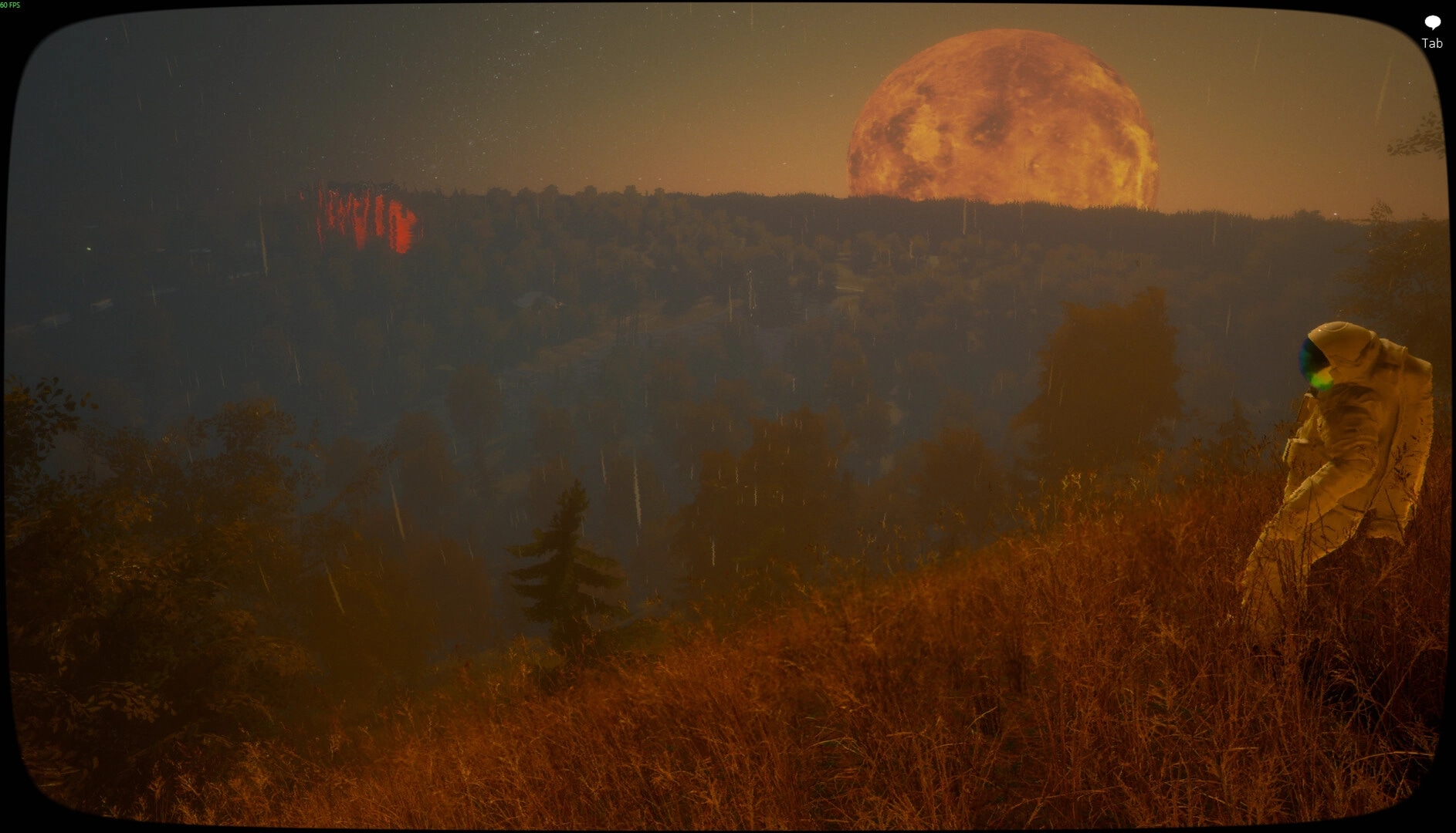 Emissary One: Astronaut watches a huge orange moon over rainy forest valley, 60 FPS HUD visible.