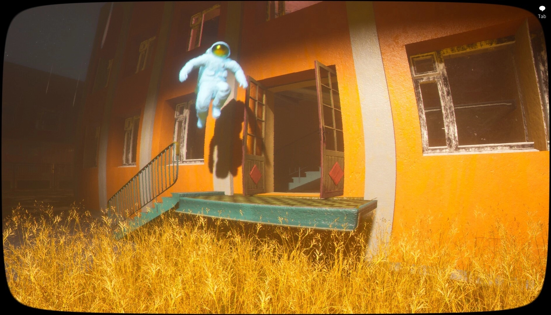 Emissary One: Astronaut-like figure floats by open doorway of orange building at night, Tab prompt visible.