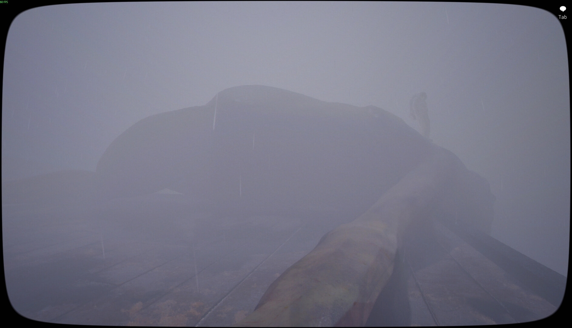 Emissary One: Foggy rooftop view with a huge corpse and arm in rain, minimal HUD with FPS counter.